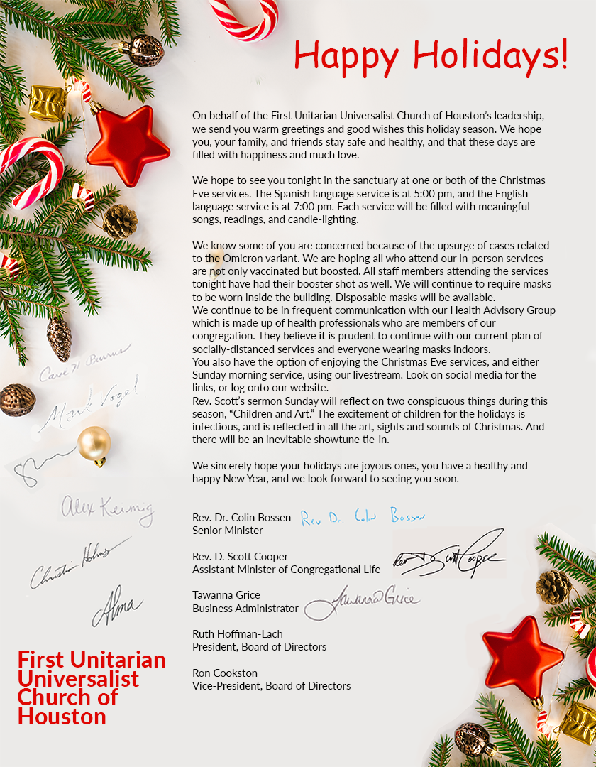 First Unitarian Universalist Church of Houston's Holiday Message
